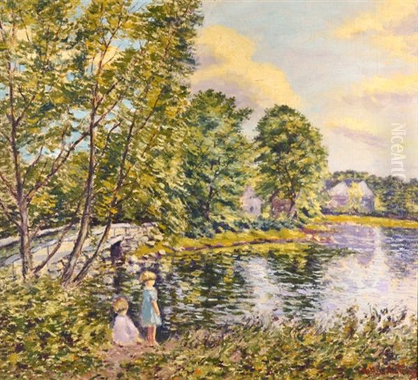 Two Young Girls By The Lake Oil Painting by Hugo Melville Fisher