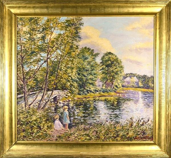 Two Young Girls By The Lake Oil Painting by Hugo Melville Fisher