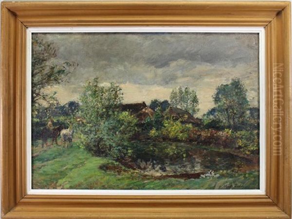 Painting Of A Farm Pond Oil Painting by Mark William Fisher