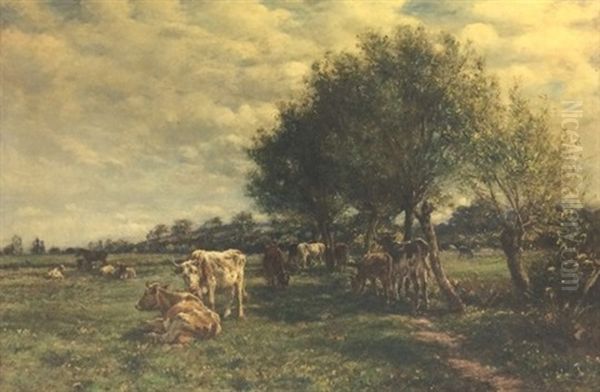 Cattle Amongst Willow Trees In A Meadow Oil Painting by Mark William Fisher