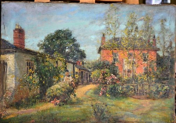 A Summer Garden With Grecian House And Gardener Pushing A Laden Wheelbarrow Oil Painting by Mark William Fisher