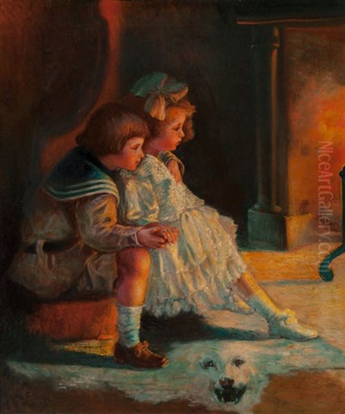 Children Warmed By Fire Oil Painting by Mark William Fisher