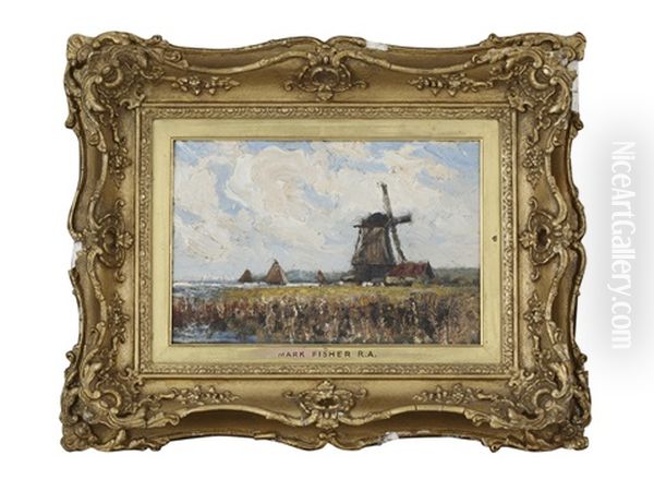 Windmill In Landscape Oil Painting by Mark William Fisher