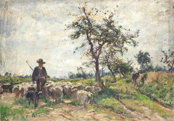 A Shepherd And His Flock On A Country Road Oil Painting by Mark William Fisher