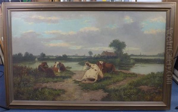 Cattle Seated Beside A River Oil Painting by Mark William Fisher