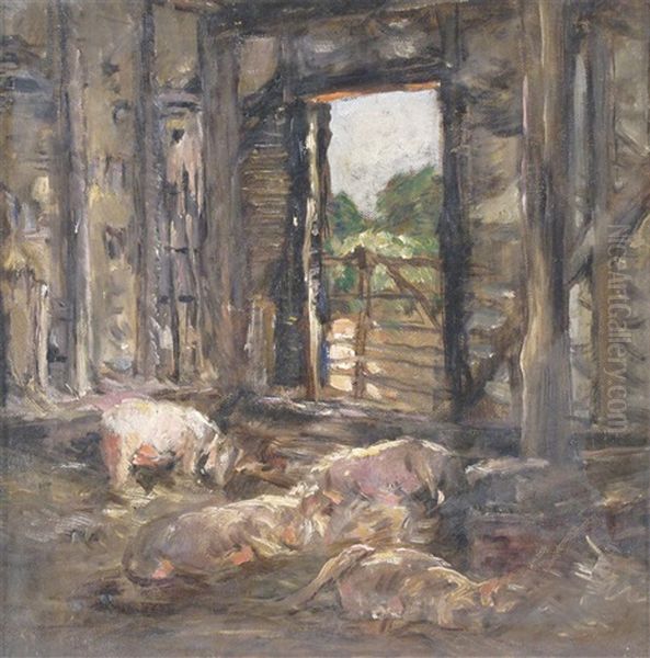 Pigs In A Barn Oil Painting by Mark William Fisher