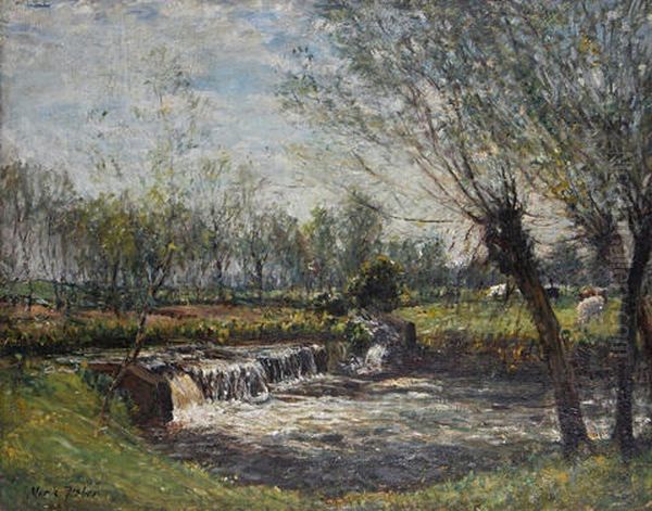 A Weir With Cattle Grazing Beyond Oil Painting by Mark William Fisher