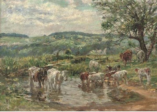 Cattle Watering Oil Painting by Mark William Fisher