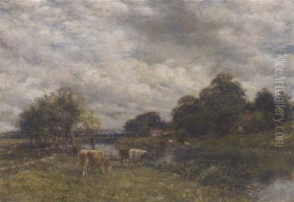 Cattle Watering In A River Landscape Oil Painting by Mark William Fisher