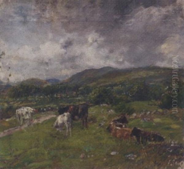 Cattle In A Mountainous Landscape Oil Painting by Mark William Fisher