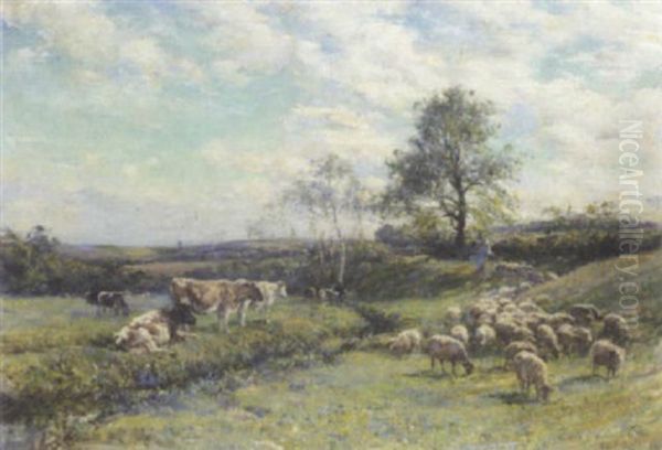 Sheep And Cattle In A Pasture Landscape by Mark William Fisher