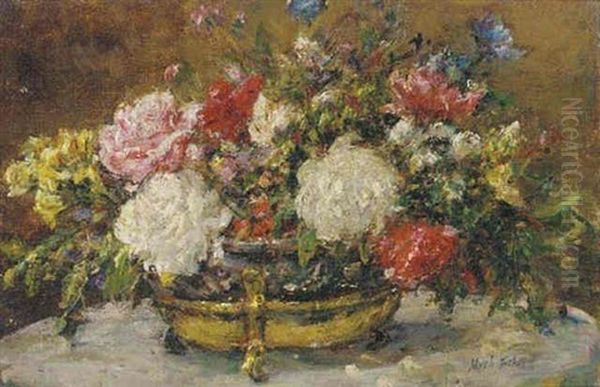 Flowers In A Gold Jardiniere Oil Painting by Mark William Fisher