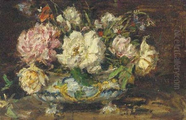 Flowers In A Blue Jardiniere Oil Painting by Mark William Fisher