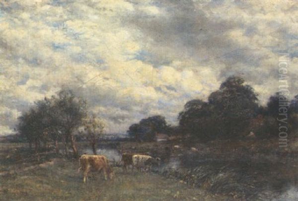 Cattle Grazing In A River Landscape Oil Painting by Mark William Fisher