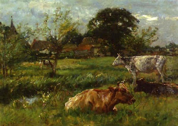 Cattle In A Watermeadow Oil Painting by Mark William Fisher