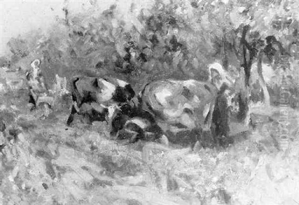 Cattle Grazing Oil Painting by Mark William Fisher