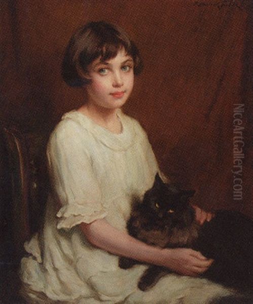 Portrait Of A Young Girl In A White Dress And A Cat On Her Lap by P(ercy) Harland Fisher