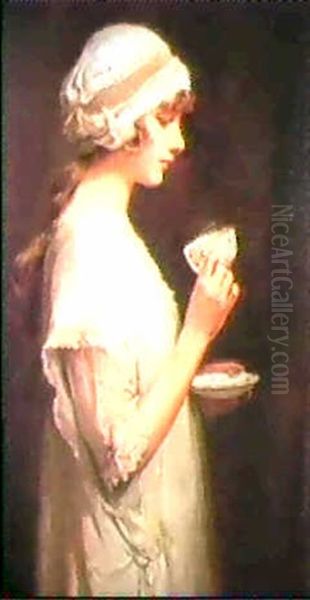 Portrait Of Pearl Joliffe Holding A Cup And Saucer Oil Painting by P(ercy) Harland Fisher