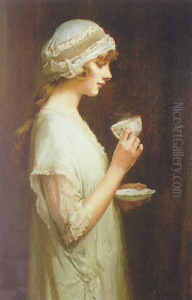 Portrait Of Pearl Joliffe Holfing A Cup And Saucer Oil Painting by P(ercy) Harland Fisher