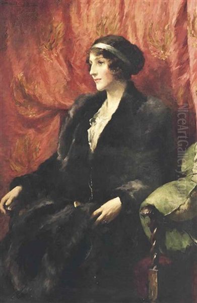 Portrait Of A Lady, Three-quarter Length, Seated Wearing A Fur Coat And A Hair Band Oil Painting by Samuel Melton Fisher