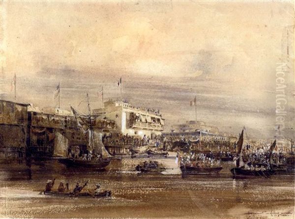 Embarquement Des Chiliens En Callao, Le 19 9bre 1839 (+ Riviere De Guayaquil, 1840, Pencil And Wash Htnd With Gum Arabic, Smaller, Sgd & Insc.; 2 Works) Oil Painting by Theodore-Auguste (Admiral) Fisquet