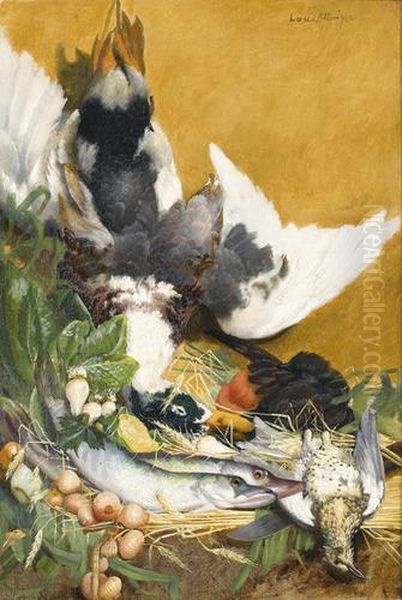 Stillleben Mit Geflugel, Fischen Und Gemuse. Oil Painting by Lucie, Mme. Caumont Attinger