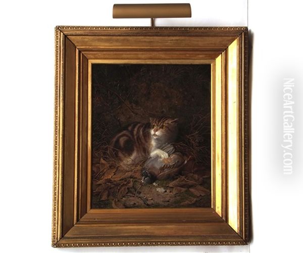 Cat With Dead Bird On A Mossy Bank Oil Painting by John Fitzmarshall