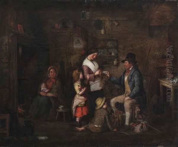 Interior Of An Irish Cottage With A Travelling Salesman Peddling His Wares Oil Painting by Edmond Fitzpatrick