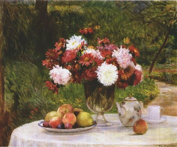 Flowers, Fruit, A Teapot And A Teacup Oil Painting by Pierre Felix Fix-Masseau