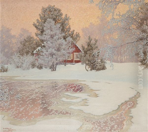 Vinter Landscape With A Red Cottage Oil Painting by Gustaf Fjaestad