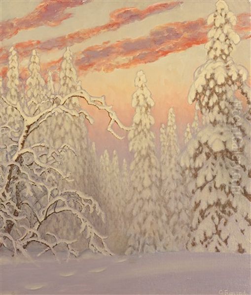 Winter Landscape Under Crimson Sky Oil Painting by Gustaf Fjaestad