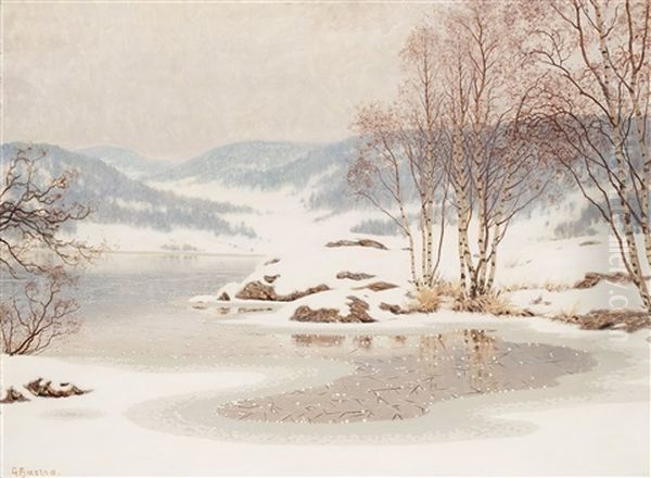 Snow On Frozen Lake Oil Painting by Gustaf Fjaestad