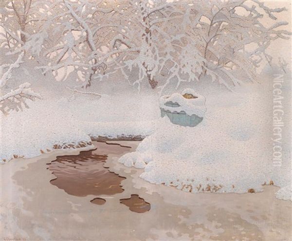 Pool In Winter Oil Painting by Gustaf Fjaestad