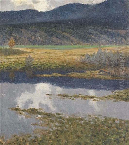 Landskap Med Vattendrag Och Berg I Bakgrunden Oil Painting by Gustaf Fjaestad