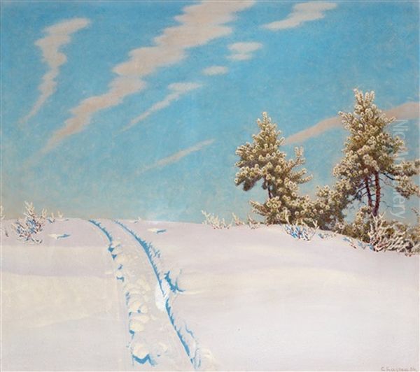 Skidspar I Nysno Oil Painting by Gustaf Fjaestad