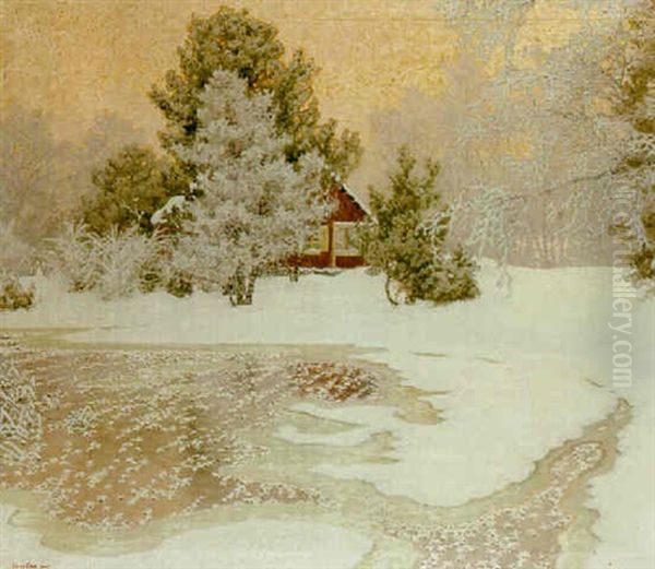 Vinterlandskap Med Rod Stuga Oil Painting by Gustaf Fjaestad