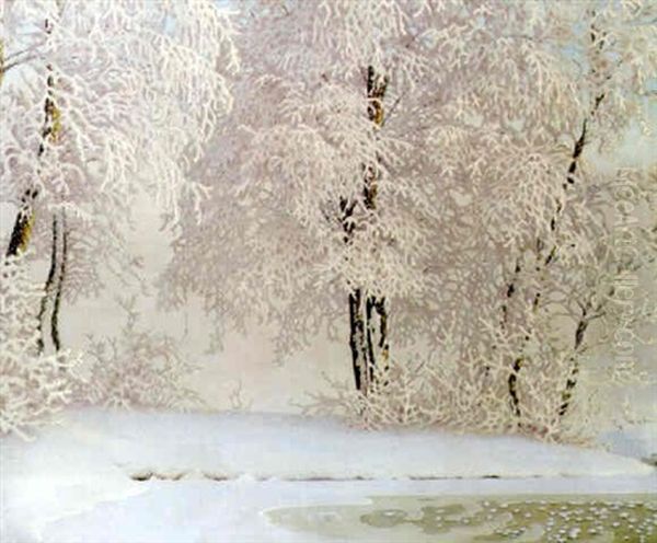 Snokladd Insjo Oil Painting by Gustaf Fjaestad