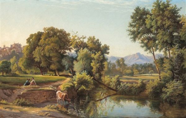 Bewaldete Landschaft Mit Figurlicher Staffage Oil Painting by Gregoire Isidore Flacheron