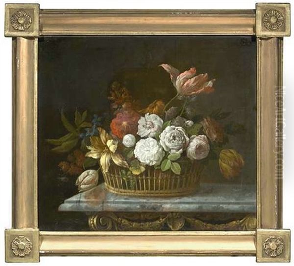 Blumen In Einem Korb Auf Einer Louis Xvi. Konsole Mit Grauer Marmorplatte Oil Painting by Anton Flachner