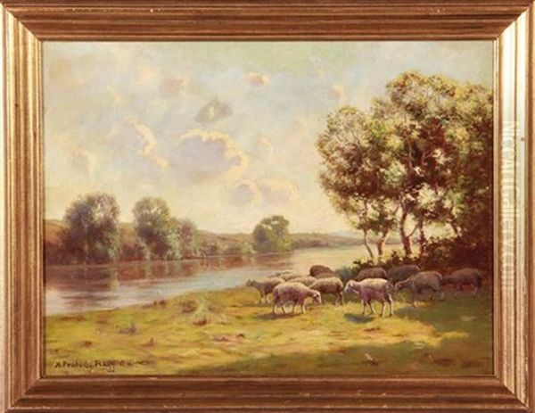 River Scene With Sheep Oil Painting by H. Peabody Flagg