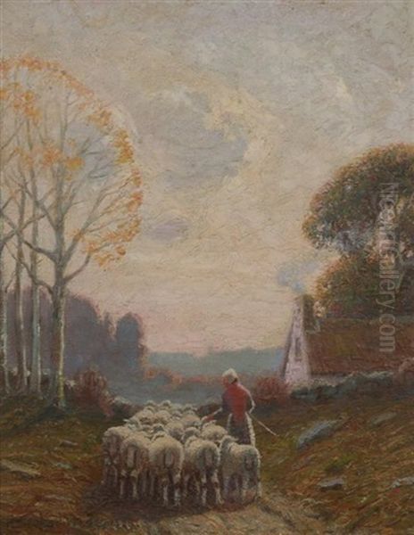 Shepherdess With Flock Oil Painting by H. Peabody Flagg