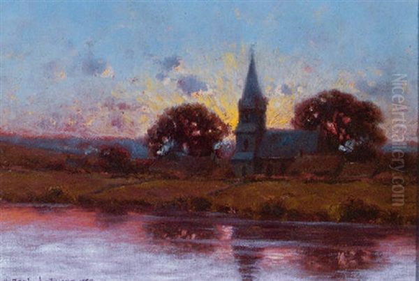 Sunset Over The Church Steeple Oil Painting by H. Peabody Flagg