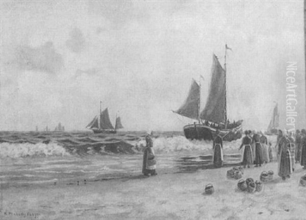 Marine Beach Scene With Figures And Sailboats Oil Painting by H. Peabody Flagg