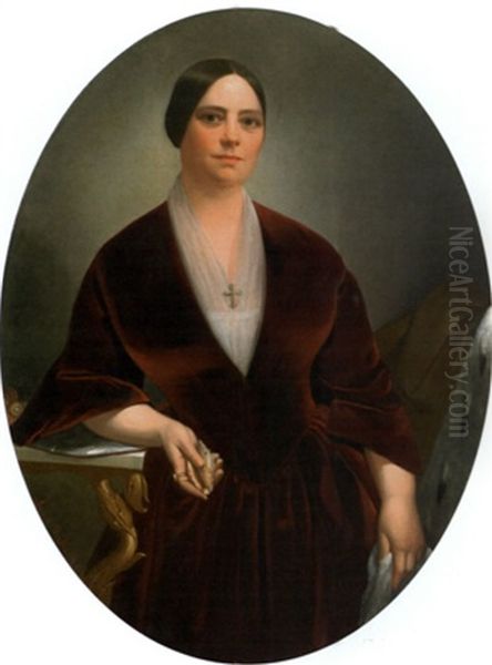 Portrait Of A Woman Wearing A Burgundy Velvet Dress And Holding A Shell Oil Painting by Jared Bradley Flagg