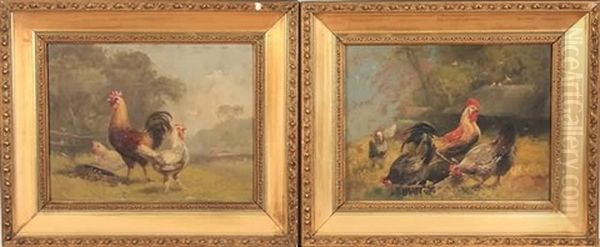 Chickens Feeding (+ Another; Pair) Oil Painting by James Thorpe Flaherty