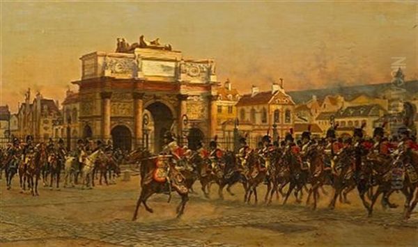 Napoleon And His Staff Reviewing The Mounted Chasseurs Of The Imperial Guard Before The Arc De Triomphe Du Carrousel Oil Painting by Francois Flameng