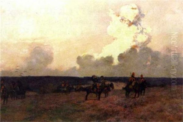 Battlefield With Military Figures On Horseback Oil Painting by Francois Flameng