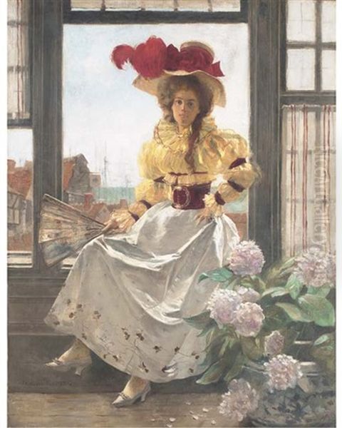 A Young Beauty At A Window Overlooking A French Port Oil Painting by Francois Flameng