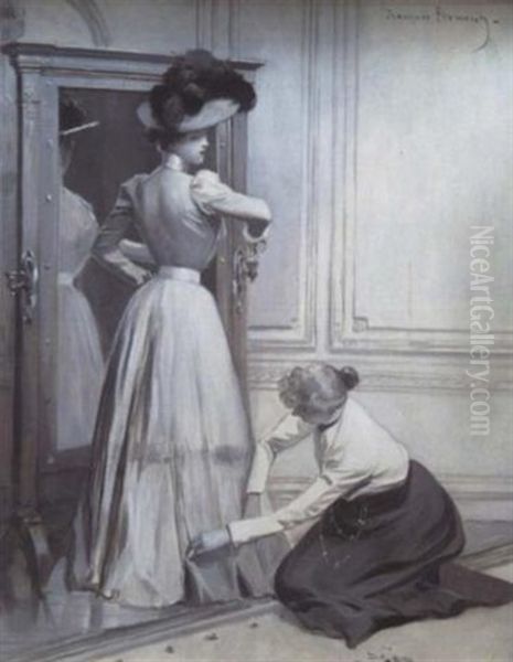 At The Dressmaker Oil Painting by Francois Flameng