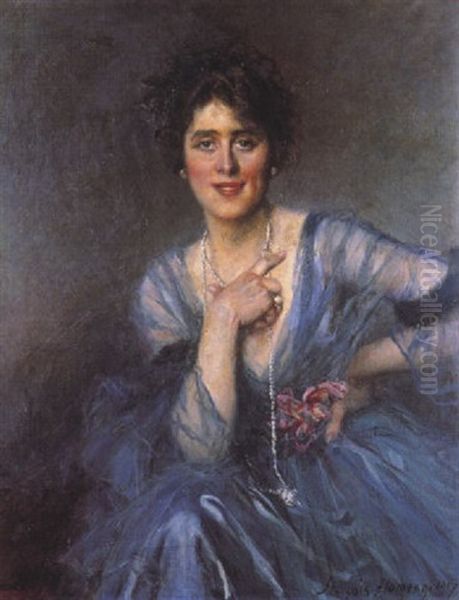 Portrait De Femme A La Robe Bleue Oil Painting by Francois Flameng